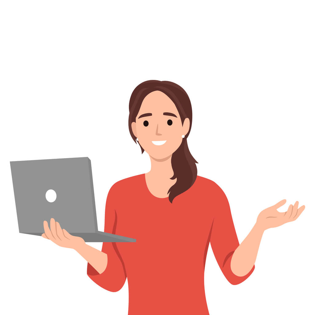 Illustrated woman holding a laptop, looking welcoming.