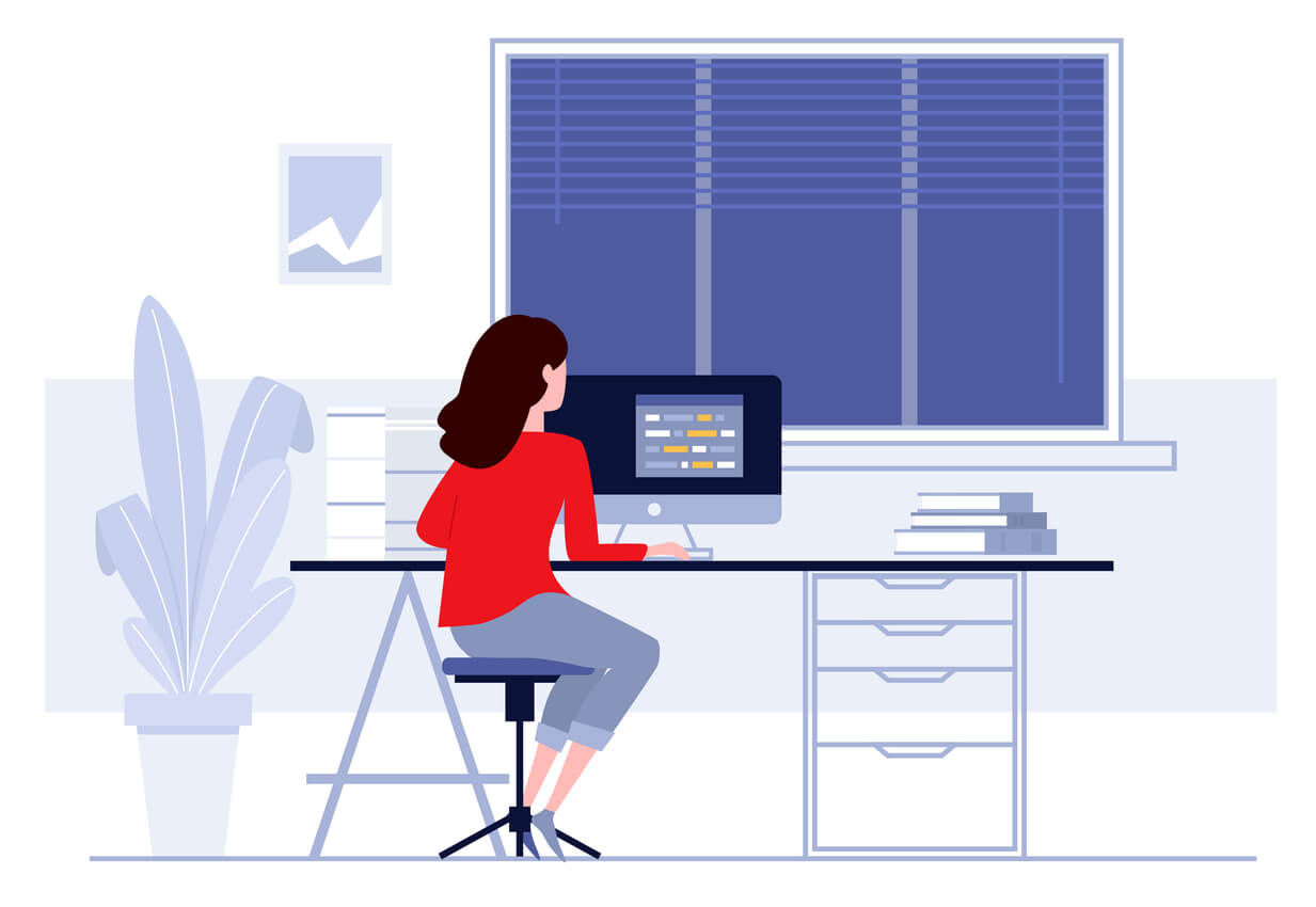 Illustrated woman sitting at a desk using a computer, with her back to the audience.