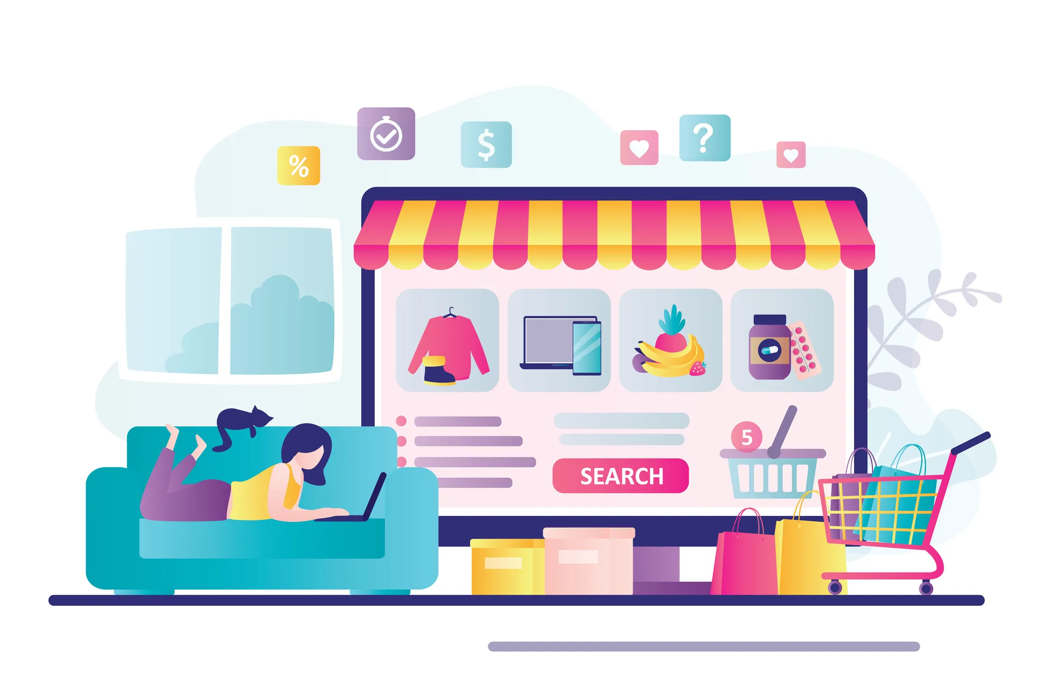 Illustration of a woman lying on a couch with a cat, doing internet shopping.